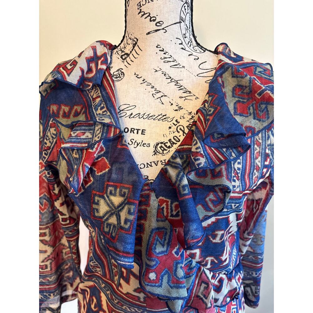 Chaps Front Ruffle Aztec Pattern Blouse Sz Large - Picture 2 of 5